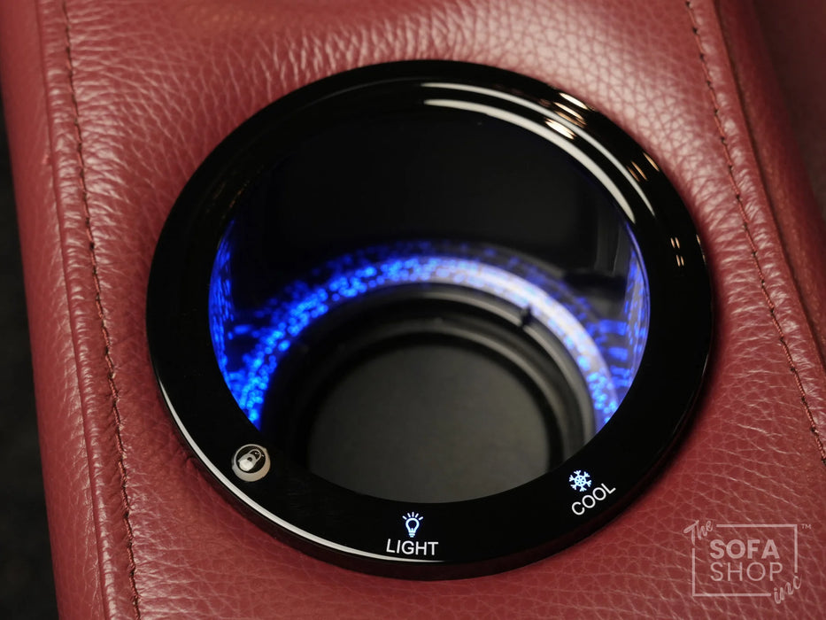 2 Seat Real Leather Electric Recliner Home Cinema Theatre Sofa In Red with Chilled Cupholders + Console + Power + USB + LED Lights | Rimini