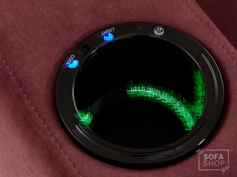 2+1 Sofa Set. Electric Recliner Cinema Suite in Velvet Purple Fabric | 2 Piece Sofa Set with Massage, USB Ports, Cooling Cup Holders, Storage Box & LED Lights | Rimini | The Sofa Shop