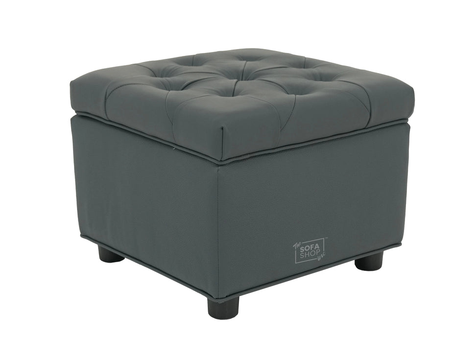 Grey Real Leather Footstool | Storage Ottoman for Sofa - Square