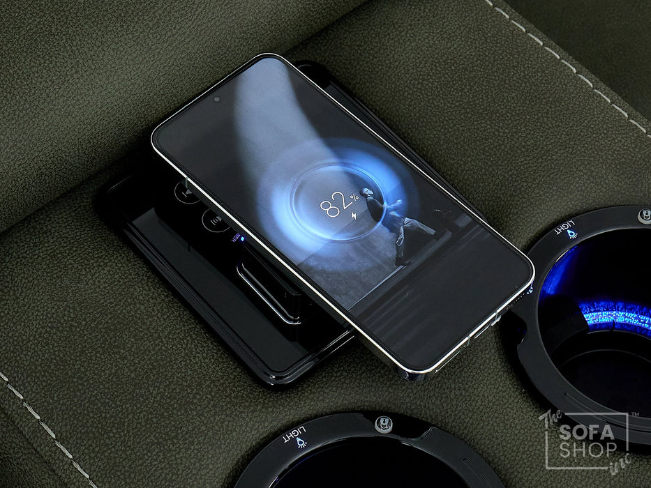 2 Seater Hi-Tech Sofa | Electric Recliner Home Cinema Seat in Green Fabric with Massage + Chilled Cupholders + Console + Power Sockets + USB | Vinsonova