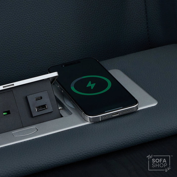 3 Seater Electric Recliner Cinema Sofa in Blue Genuine Leather with Massage, Drop-Down Table, Cup Holders, Power Recliner, USB Ports & Storage Box | Napoli