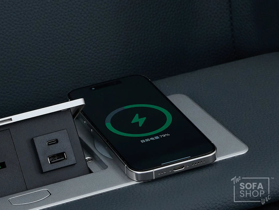 3+2 Cinema Sofa Set in Blue Genuine Leather with Massage, Drop-Down Table, Cup Holders, LED Reading Light, Power Recliner, USB Ports, Socket Set & Storage | Blue Leather | Napoli | The Sofa Shop