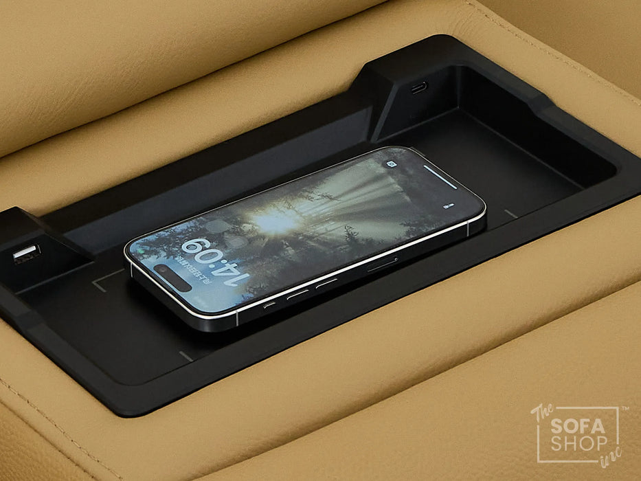 3+2 Real Leather Electric Recliner Sofa Set In Tan | Hi-Tech Sofa Set with Massage, Console, USB Ports, Power Headrest, Wireless Charger & Storage Box | Turin