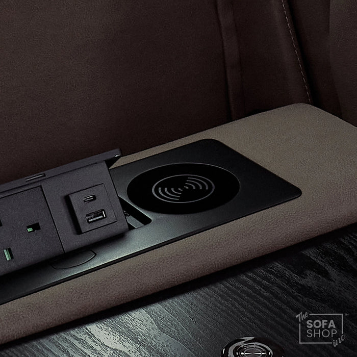 3+2  Electric Recliner Cinema Sofa Set in Dark Brown Fabric | Hi-Tech Sofa Suite with Massage, Heat, Bluetooth Speakers, Console & Wireless Charging | Tuscany | The Sofa Shop