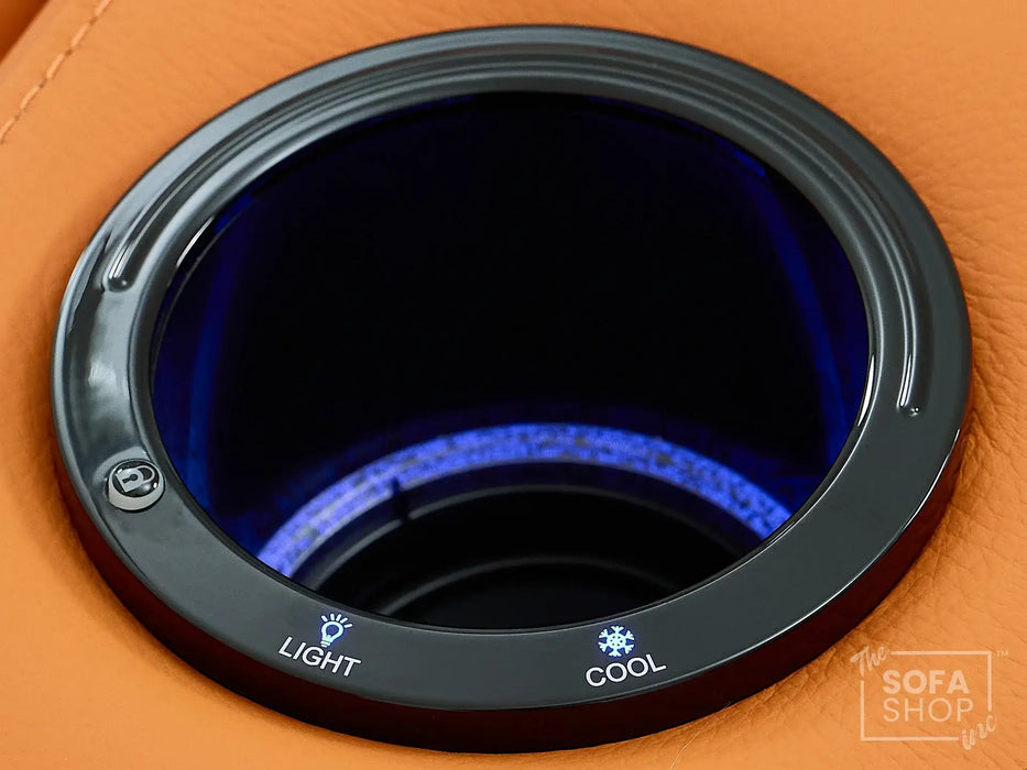 3 Seat Real Leather Electric Recliner Home Cinema Theatre Sofa In Orange | Keep Drinks Chilled in Cooling Cup Holders & Lumbar Support | Assisi