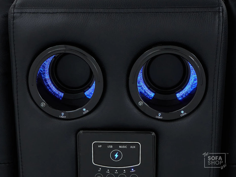 2 Seater Real Leather Electric Recliner Cinema Sofa in Black | Hi-Tech Sofa with Adjustable Headrest, Lumbar Support, Bluetooth Speaker | Milano | The Sofa Shop