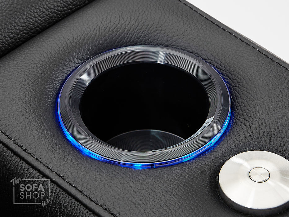 2 Seater Real Leather Power Reclining Cinema Sofa in Black with Console, USB Ports, Table, Cup Holders, Storage & Massage | Capri | The Sofa Shop