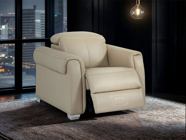 1 Seat Electric Recliner Chair Home Cinema Sofa | Real Leather Chair in Beige + USB Charging Ports + Adjustable Headrest | Turin | The Sofa Shop