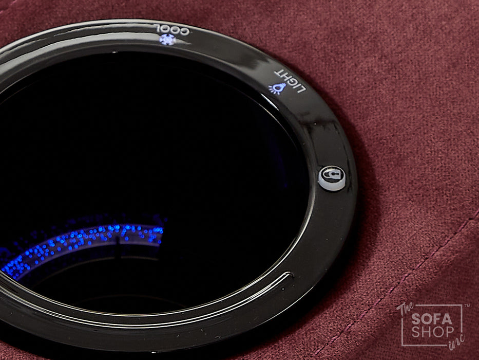 2+1 Sofa Set. Electric Recliner Cinema Suite in Velvet Purple Fabric | 2 Piece Sofa Set with Massage, USB Ports, Cooling Cup Holders, Storage Box & LED Lights | Rimini | The Sofa Shop