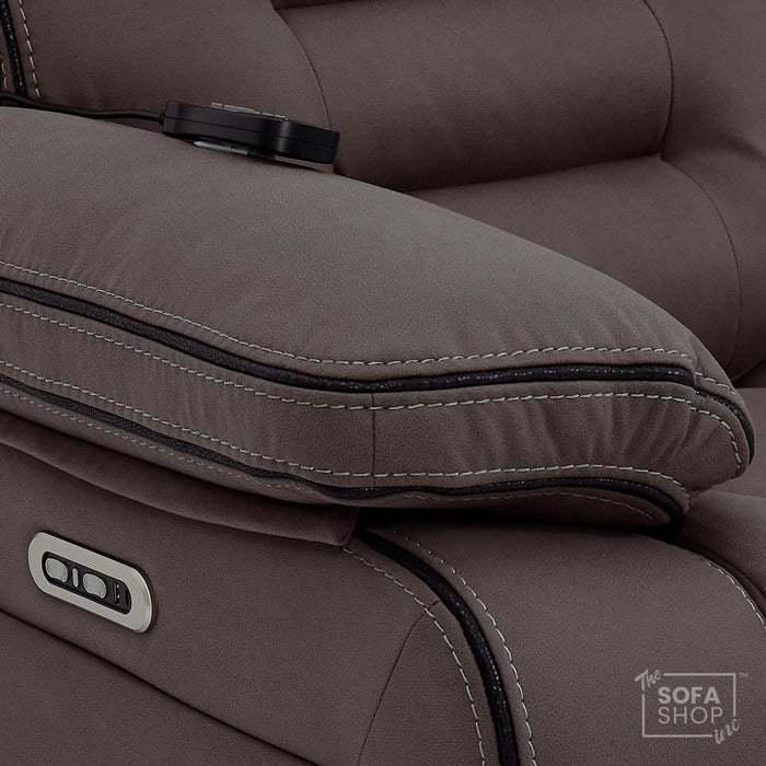 2 Seater Dark Brown Fabric Electric Recliner Home Theatre Sofa with Middle Console | Hi-Tech Sofa with 8-Point Massage, Heated Lumbar, Multi-Link Bluetooth, Cooling & Heating Cupholders | Tuscany | The Sofa Shop