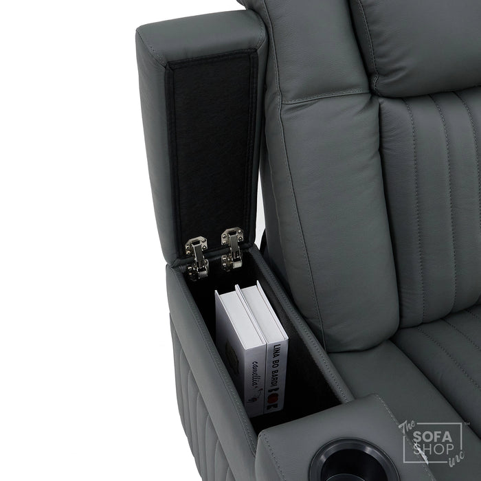 Real Leather Recliner Chair & Cinema Seat in Grey | Electric Armchair with Massage, Heating, LED Cup Holders, Table & USB Ports | Capri