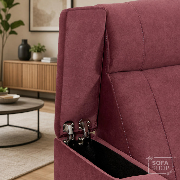 3 Seater Reclining Sofa with Electric  Reclining, Massage, USB Ports, Cooling Cup Holders, Storage Boxes & LED Lights | Purple Velvet Sofa | Rimini | The Sofa Shop