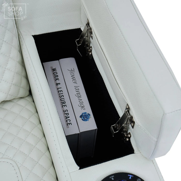 2 Seater Cinema Sofa in White Genuine Leather | Hi-Tech Console Couch with Power Recline + Power Headrests + Sockets + Speakers + Cooling Cupholders | Napoli | The Sofa Shop