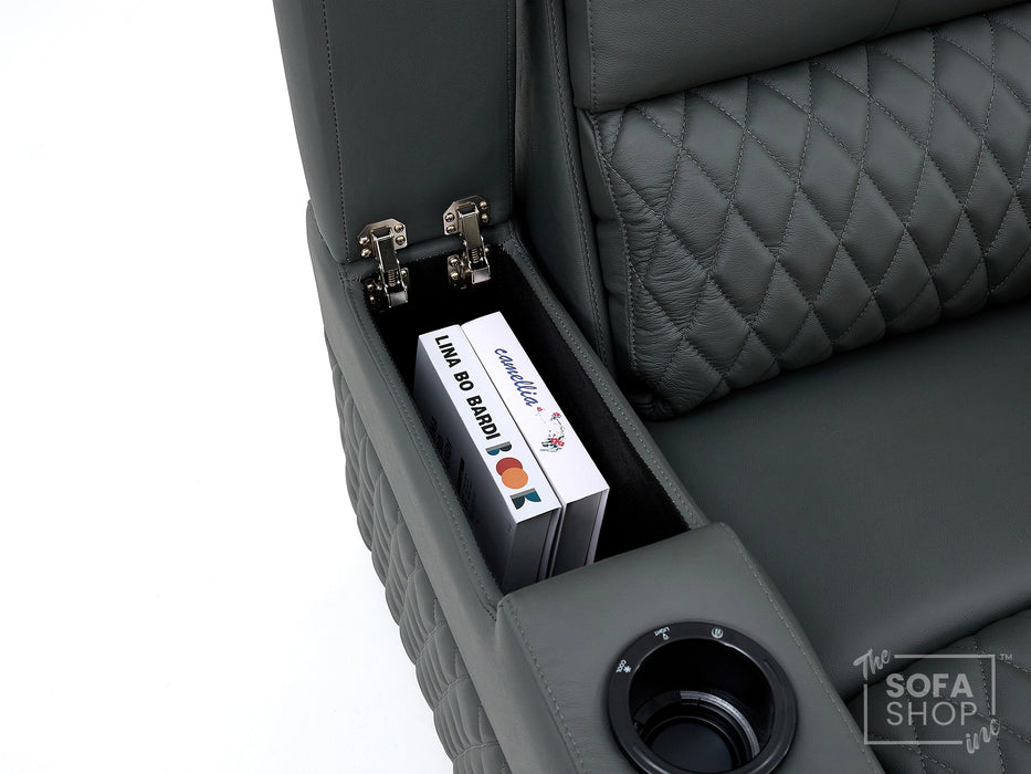 2 Seat Real Leather Electric Recliner Home Cinema Theatre Sofa In Grey With Multi-Position Reclining + LED Cup Holders & Lumbar Support | Assisi