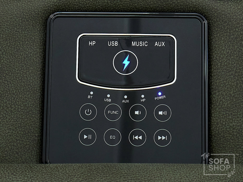 2 Seater Hi-Tech Sofa | Electric Recliner Home Cinema Seat in Green Fabric with Massage + Chilled Cupholders + Console + Power Sockets + USB | Vinsonova