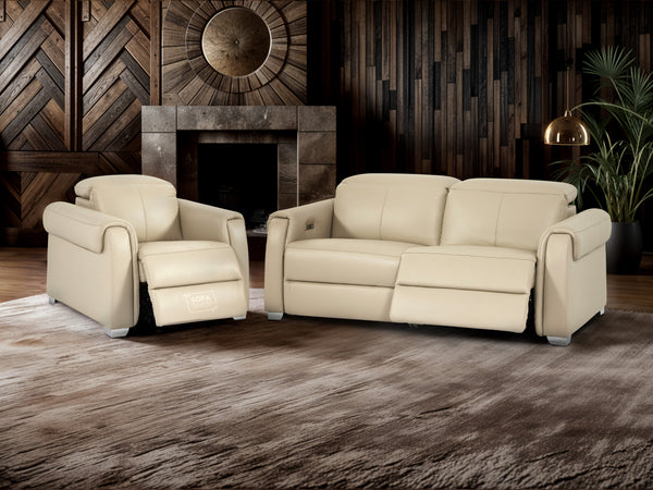 3+1 Power Recliner Sofa Package | 2-Piece Cinema Sofa Suite with Adjustable Headrests & USB | Beige Genuine Leather Sofa | Turin | The Sofa Shop