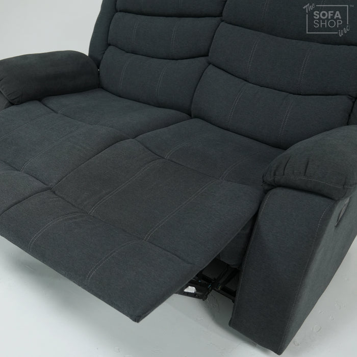 2 Seater Manual Recliner Sofa in Dark Grey Fabric | Worn Armrests | Sortino | Second Hand Sofas SH01