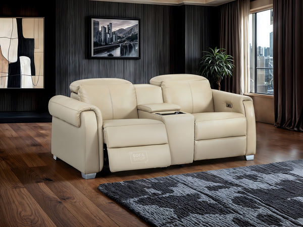 2 Seat Electric Recliner Home Cinema Theatre Sofa | Real Leather Couch in Beige + Black Cupholders + Console with Storage + USB | Turin | The Sofa Shop