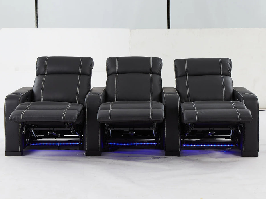 3 Seater Reclining Home Theatre Sofa | Black Real Leather Electric Seats With Arm Storage, LED, USB & Cup Holders | Catania | The Sofa Shop - 30