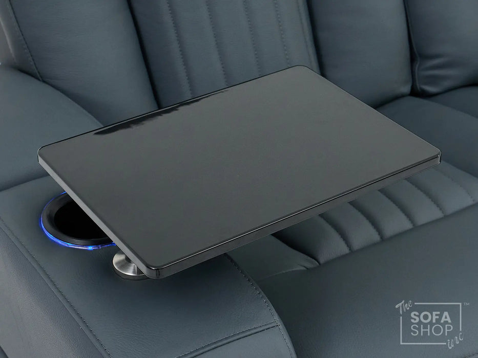 Real Leather Recliner Chair In Blue with Power Headrest, Power Recline, Massage, USB Charging, LED Cup Holder & Tray Table | Capri