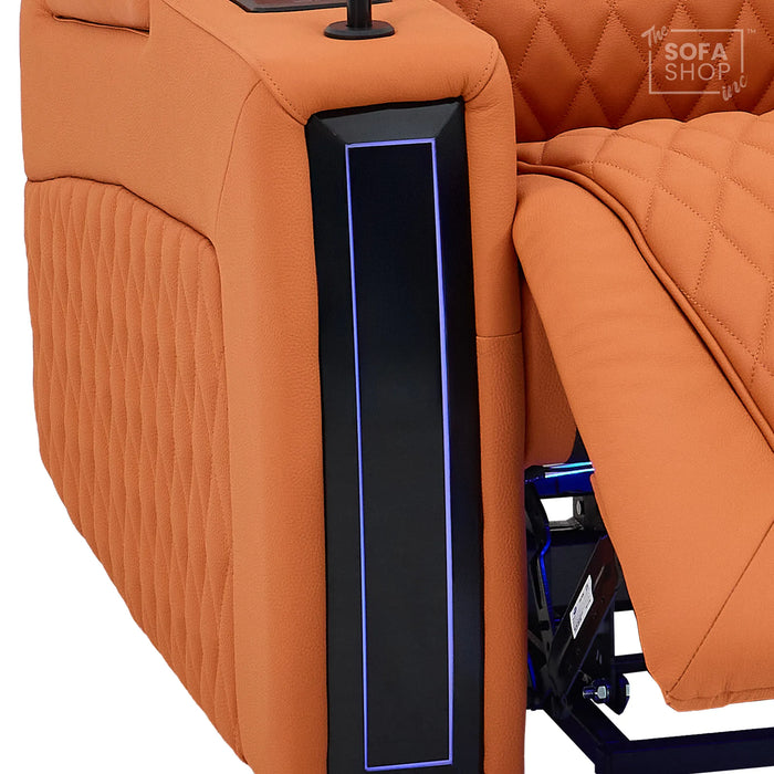 1 Seater Electric Dual Lift Riser Cinema Chair | Power Recline, Heated Lumbar + Massage & Cooling & Heating Cup Holders | Orange Real Leather Riser Armchair with Tray Tables | Assisi | The Sofa Shop