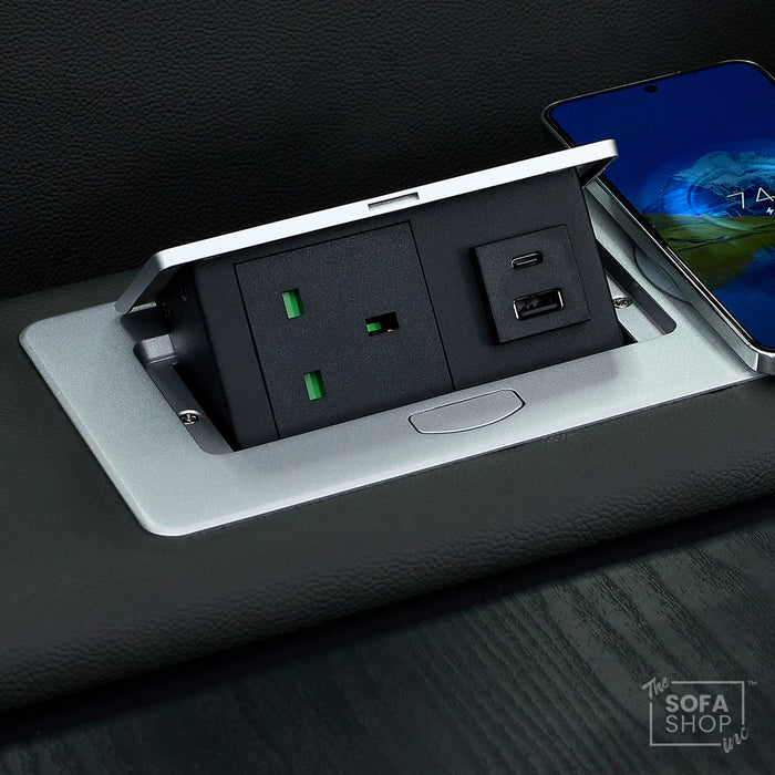 3 Seater Electric Recliner Cinema Sofa in Grey Real Leather | Hi-Tech Cinema Seats with Massage, Drop-Down Table, LED Reading Light, Power Headrest, Power Recliner, Storage Drawer, Heating, USB & Wireless Charging | Sicily