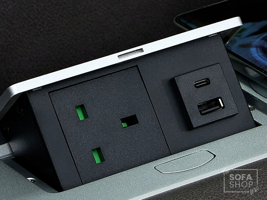 3 Seat Electric Recliner Home Cinema Theatre Sofa | Fabric Couch In Grey with Massage + Cupholders + Table + USB + Speakers | Vinsonova | The Sofa Shop