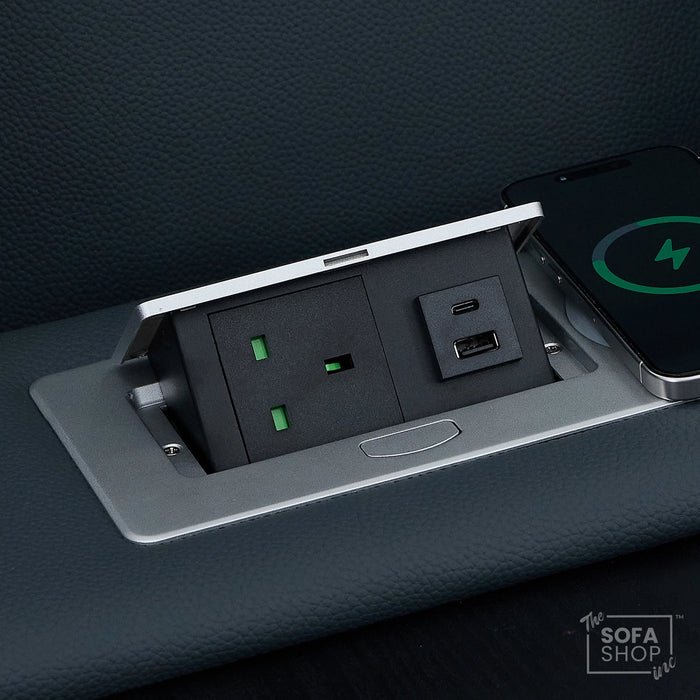 3 Seater Electric Recliner Cinema Sofa in Blue Genuine Leather with Massage, Drop-Down Table, Cup Holders, Power Recliner, USB Ports & Storage Box | Napoli