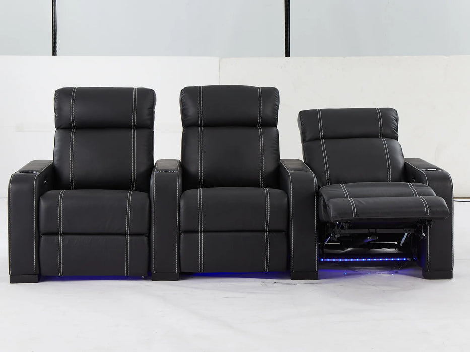 3 Seater Reclining Home Theatre Sofa | Black Real Leather Electric Seats With Arm Storage, LED, USB & Cup Holders | Catania | The Sofa Shop - 30