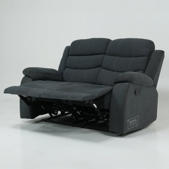 2 Seater Manual Recliner Sofa in Dark Grey Fabric | Worn Armrests | Sortino | Second Hand Sofas SH01