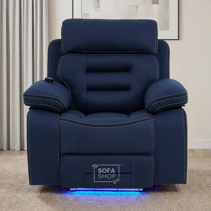 1  Seater Blue Fabric Electric Recliner Armchair with Vibration Massage, Heated Lumbar, LED Lights & Power Headrest | Tuscany | The Sofa Shop