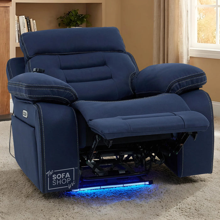 1  Seater Blue Fabric Electric Recliner Armchair with Vibration Massage, Heated Lumbar, LED Lights & Power Headrest | Tuscany | The Sofa Shop
