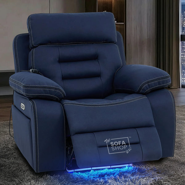1  Seater Blue Fabric Electric Recliner Armchair with Massage, Heated Lumbar, Cooling Cupholder, LED Lights & Power Headrest | Tuscany | The Sofa Shop