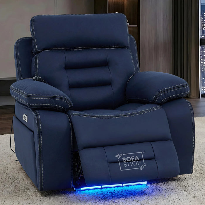 1  Seater Blue Fabric Electric Recliner Armchair with Vibration Massage, Heated Lumbar, LED Lights & Power Headrest | Tuscany | The Sofa Shop