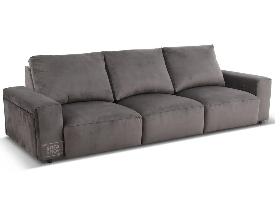 Extendable Electric Sofa - Bed in Grey Velvet Fabric | 3 Independant Power Motion Seats Perfect for Cinema Room & Home Theatre | 3 Seater with Cupholder + USBc & Wireless Charging | Almeria