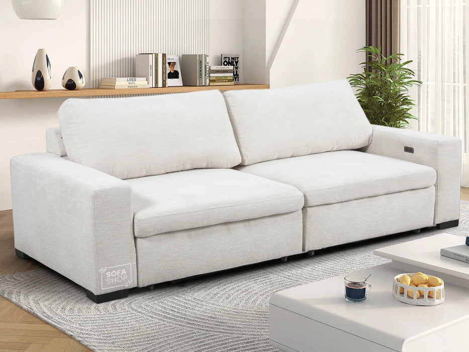 Extendable Electric Sofa - Bed in Cream Chenille Fabric | 3 Seater Power Sliding Couch Perfect for Home Cinema & Movie Nights  | USBc Charging Ports | Palma