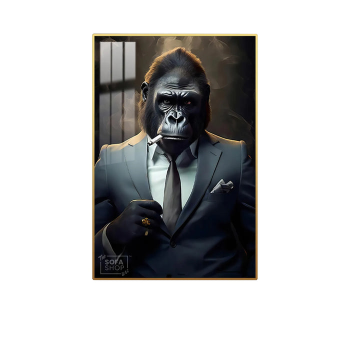 Smoking Gorilla King LED Canvas | Wall Art Painting in Gold/Black Frame Gorilla Portrait Wall Art, LED-Lit Crystal-Porcelain Painting | 100×150 cm | The Sofa Shop