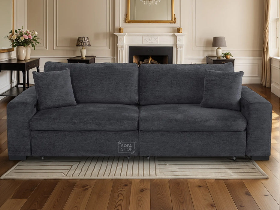 Extendable Electric Sofa - Bed in Grey Chenille Fabric | 3 Seater Hi-Tech Sliding Couch Perfect for Home Theatre Seating | USBc Charging Ports | Palma
