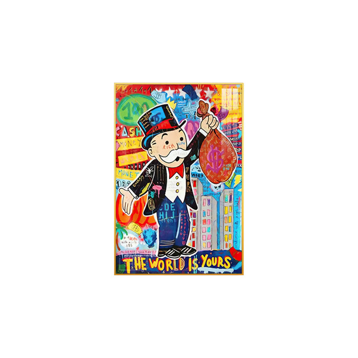 Monopoly Man LED Canvas | The World Is Yours | 100×150 cm LED-Illuminated Crystal-Porcelain Painting, Gold/Black Frame | The Sofa Shop