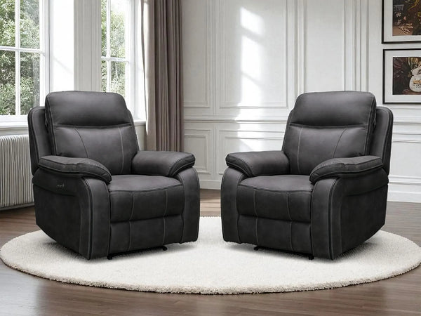 Set of 2 Electric Recliner Home Cinema Chairs | Fabric Chairs In Grey | Hi-Tech Chairs with Power + USB + Adjustable Headrest | Vinson