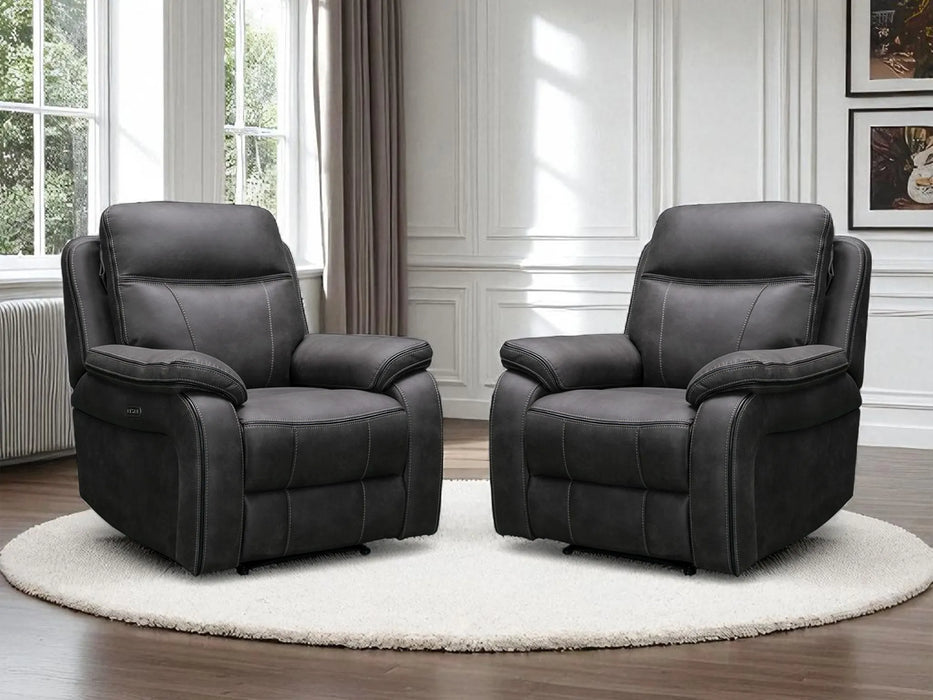 Set of 2 Electric Recliner Home Cinema Chairs | Fabric Chairs In Grey | Hi-Tech Chairs with Power + USB + Adjustable Headrest | Vinson