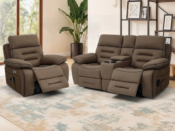 2+1 Electric Recliner Sofa Set | Cinema Sofa Package in Brown Resilience Fabric. 2 Piece Cinema Sofa | Hi-Tech Sofa Set With Massage, LED Cup Holders & USB Ports & Storage | Tuscany