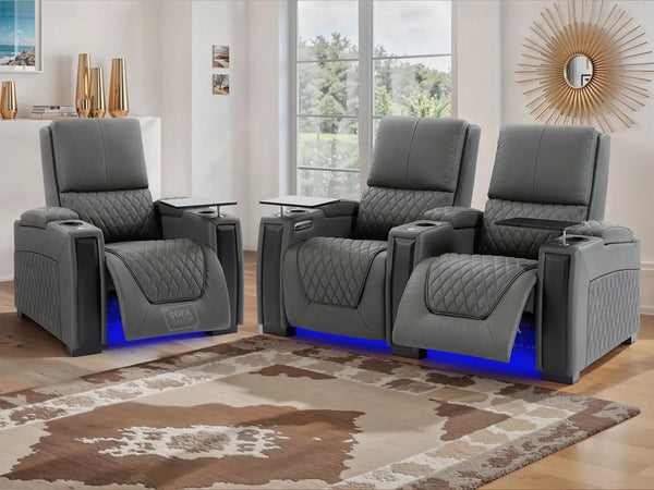 2+1 Real Leather Sofa Set in Grey | Electric Hi-Tech Cinema Suite with USB, Power Lumbar Support, Cooling Cup Holders & Power Headrests | Assisi | The Sofa Shop