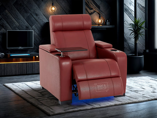 1 Seat Electric Recliner Chair Home Cinema Sofa | Genuine Leather Chair In Red + Chilled Cupholders + Storage + Power + USB + LED Lights | Rimini | The Sofa Shop