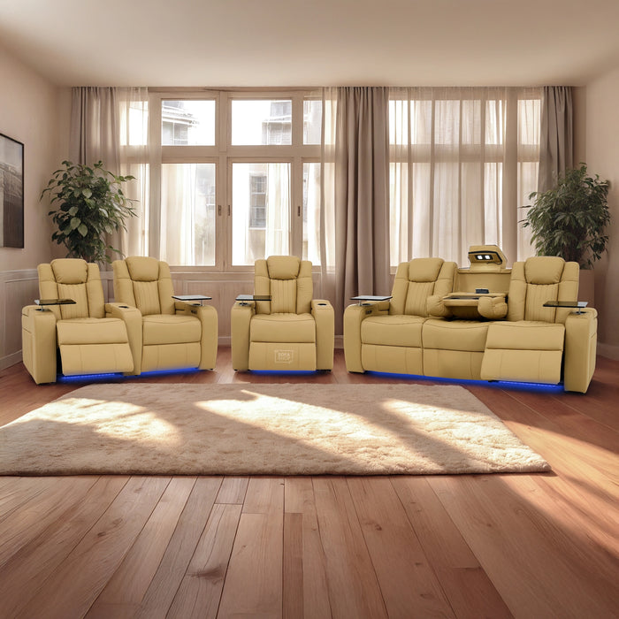 Real Leather 3+2+1 Electric Recliner Sofa Set in Tan | 3-Piece Hi-Tech Cinema Sofa Set with USB Charging, Heating, Cup Holders, Storage, LED Lights & Massage | Capri