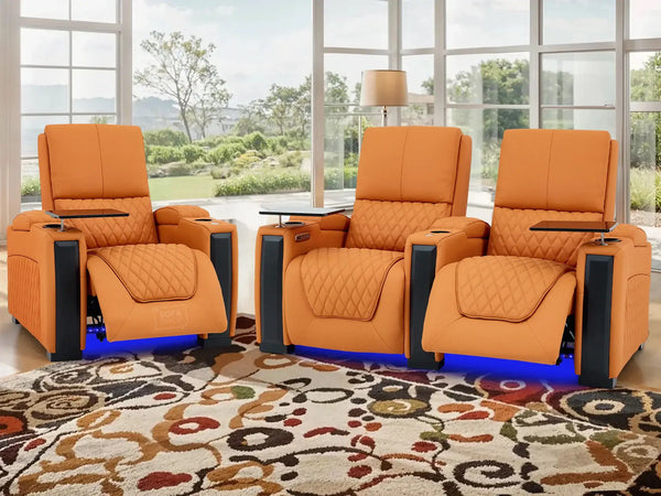 Real Leather 2+1 Seater Electric Recliner Sofa Set in Orange | 2-Piece Cinema Sofa Suite With Led Cup Holders & USB & Tray Tables | Assisi | The Sofa Sale