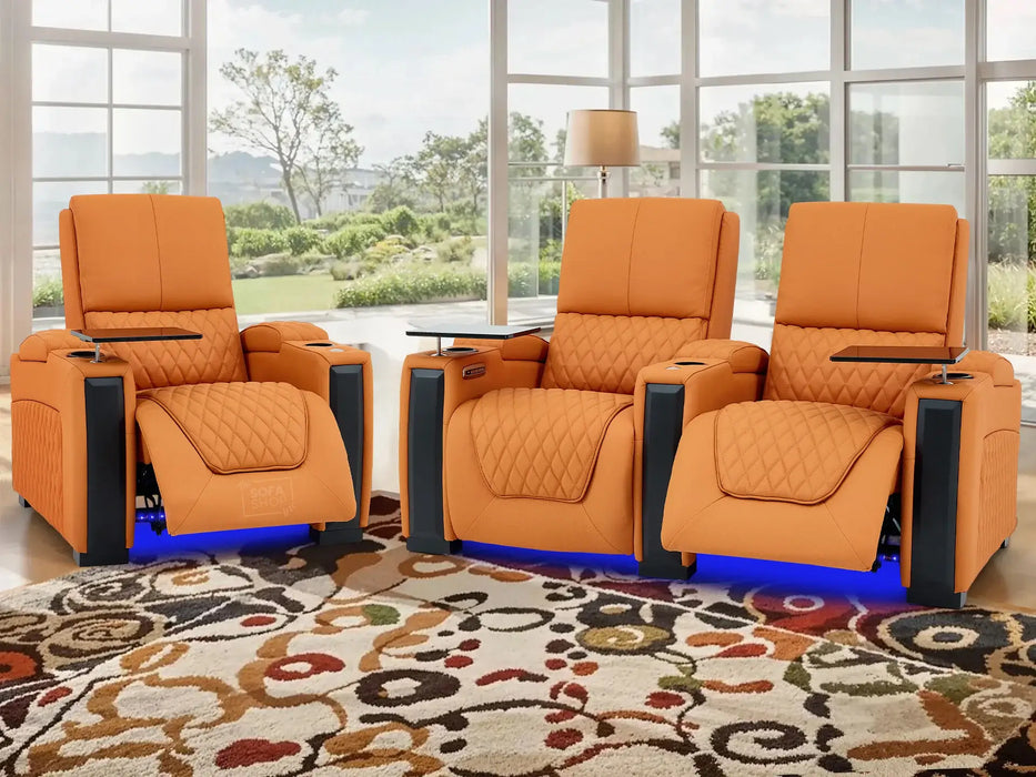 Real Leather 2+1 Seater Electric Recliner Sofa Set in Orange | 2-Piece Cinema Sofa Suite With Led Cup Holders & USB & Tray Tables | Assisi | The Sofa Sale