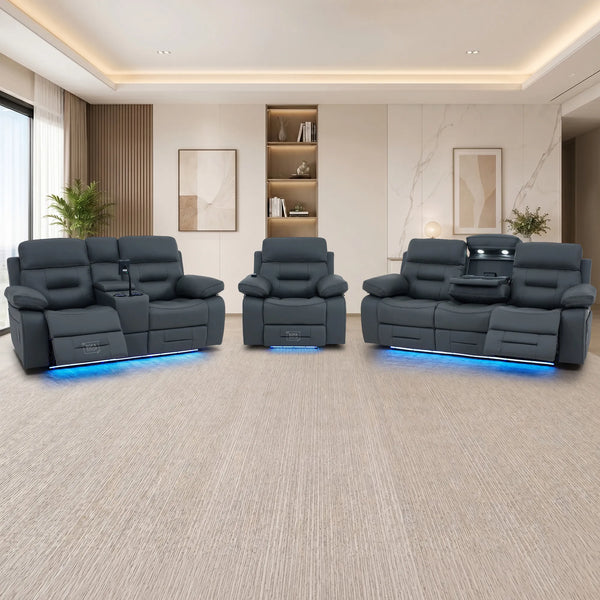 3+2+1 Cinema Sofa Set in Grey Genuine Leather | Hi-Tech Sofa Suite with Power Recline, Power Headrests, Wireless Charging, Heating & Cooling Cupholders | Sicily | The Sofa Shop