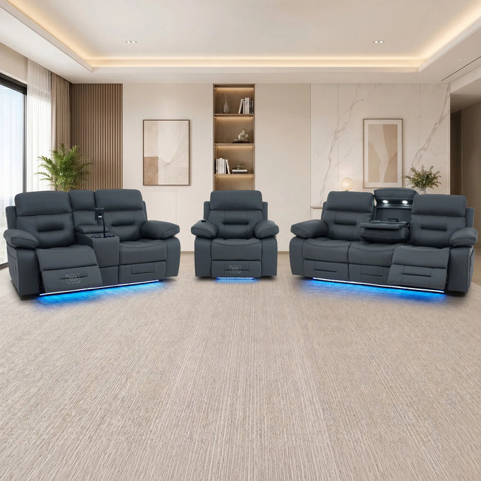 3+2+1 Cinema Sofa Set in Grey Genuine Leather | Hi-Tech Sofa Suite with Power Recline, Power Headrests, Wireless Charging, Heating & Cooling Cupholders | Sicily | The Sofa Shop