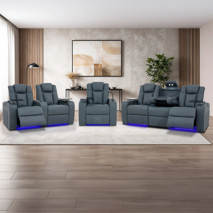 3+2+1 Real Leather Electric Recliner Sofa Set In Blue | Cinema Sofa Suite with Power Headrest, Drop-Down Table, Heating, Wireless Charging, Massage, USB Ports & LED Cup Holders | Capri